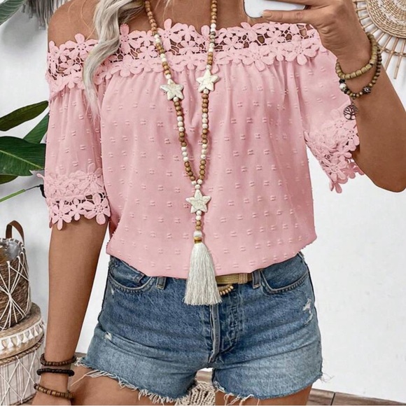 Delilah Wear Tops - New Pink Off-Shoulder Lace Trim Top